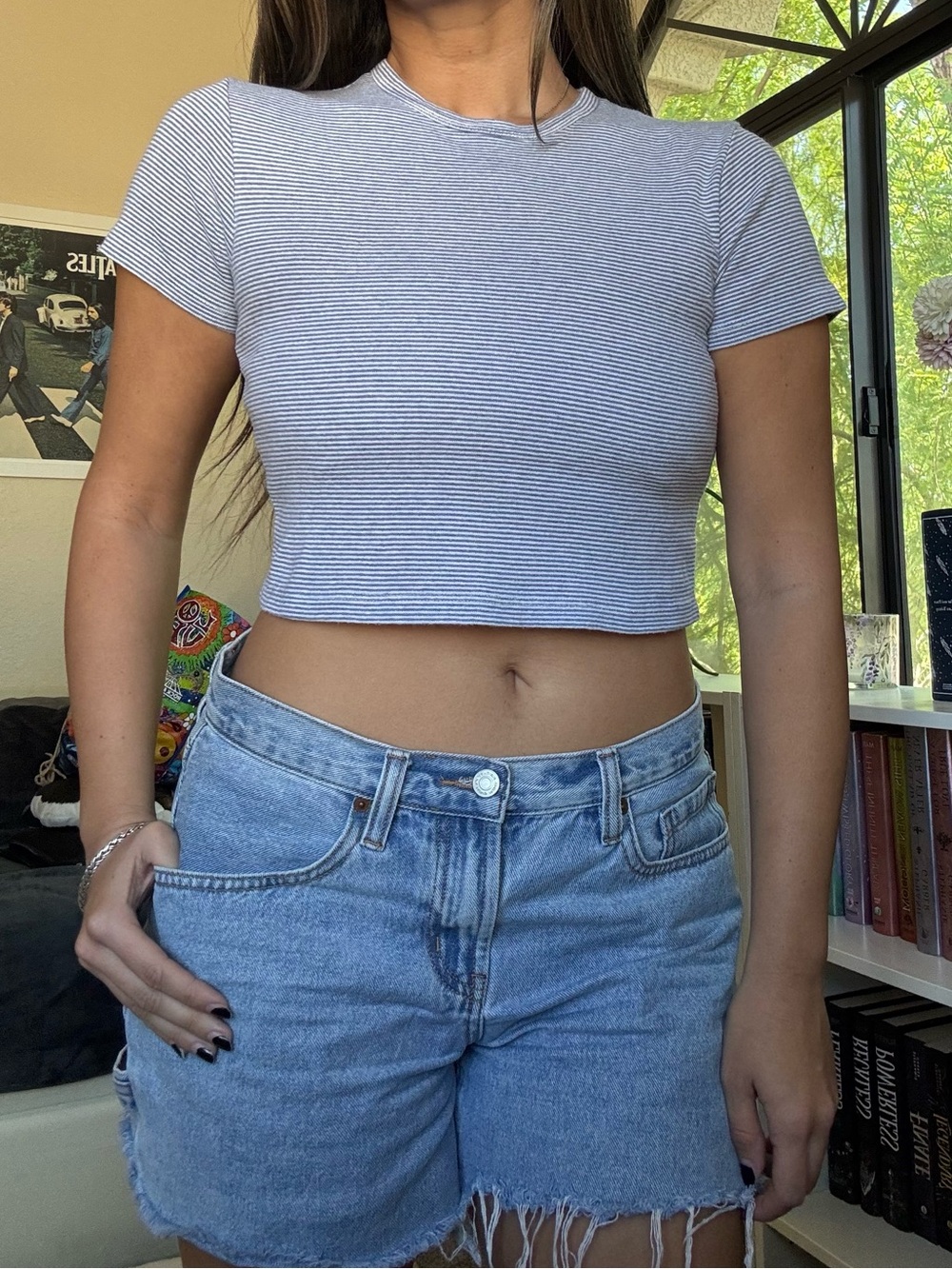 Brandy Melville blue and white striped cropped T-shirt